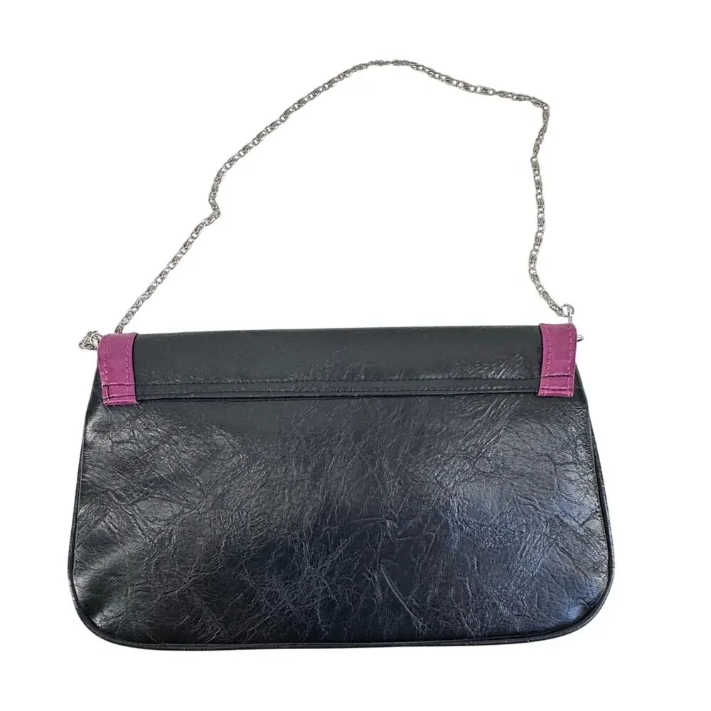 Vintage Black faux Leather Shoulder Bag Pink Trim Y2K Retro Baguette Purse - Picture 8 of 9